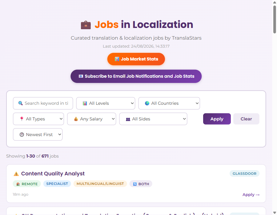 TranslaStars Jobs Board - curated translation and localization jobs